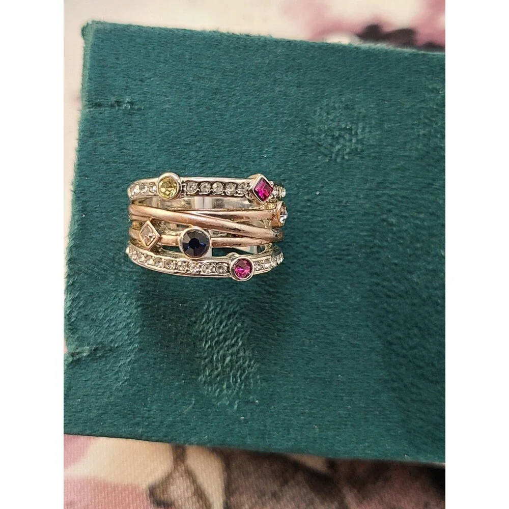 925 Sterling Silver Rainbow CZ Ring Size 6 Multi Color Gem Wide Statement Band